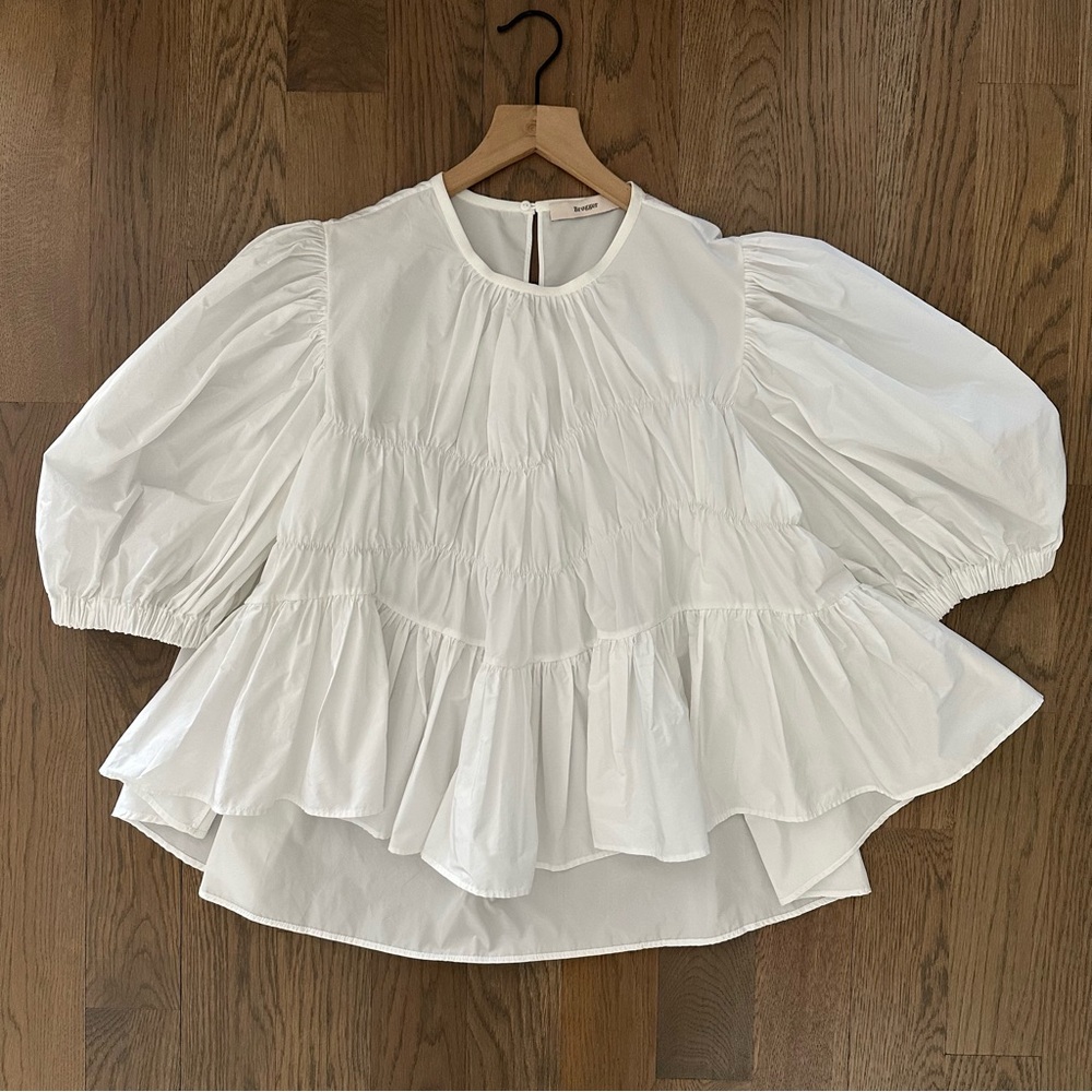 Brogger Round Neck Puff Sleeve Tiered Oversized Taffeta Blouse in White Large - Picture 5 of 8